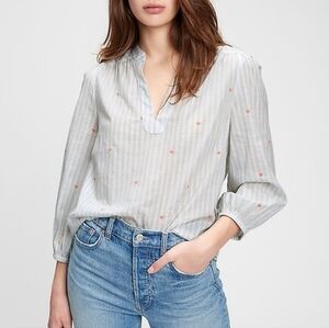 Gap Blouse Popover Print Top Striped Embroidered Hearts Pullover Crop Sleeve